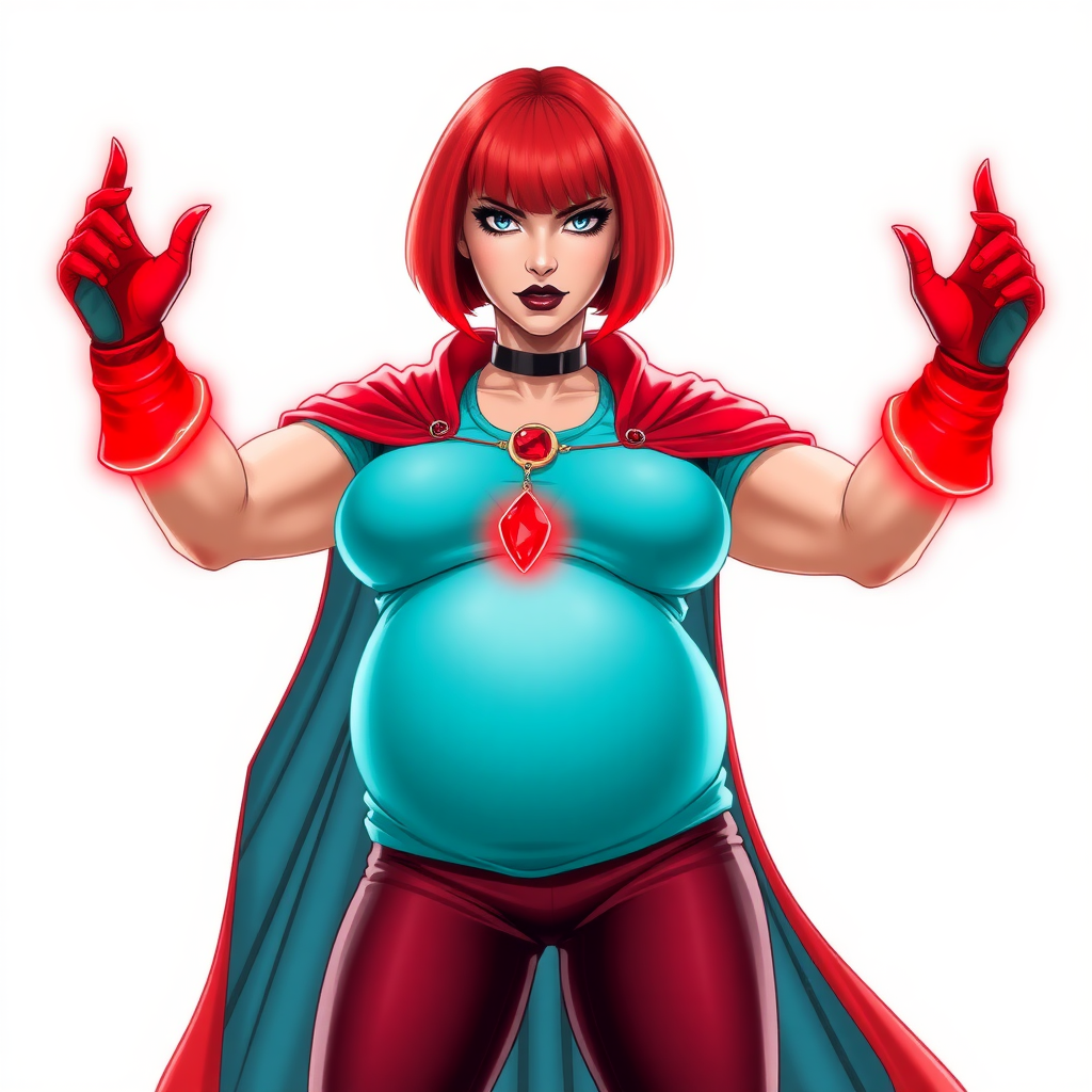 A 26-year-old, full-figured, magical girl vigilante detective becomes the heavily pampered mystical ally of her cyberpunk vigilante older brother figure. She has a bright red bob cut, black lipstick, and piercing bright blue eyes. She has a new non-athletic build, now highlighted by a prominent, round, gargantuan midsection (fully focused on her gargantuan belly), which shows the aftermath of her new pampered lifestyle. Despite her pampered physique, she shows full confidence. She wears a magical girl detective costume consisting of a gargantuan, magical, tight-fitting, maximum turquoise t-shirt (accentuating and emphasizing her gargantuan belly), maximum turquoise biker pants, complemented by a glowing neon red cape, a mystical ruby amulet (which is the source of her mystical powers), and magical red gloves glowing neon red. Her magical girl detective costume covers all her skin and emphasizes her full-figured physique (especially her gargantuan belly). Her stance is firm and resolute, arms crossed, exuding a no-nonsense attitude. Her costume reflects the influence of DC New 52 Prime Earth’s Phantom Lady, Jennifer Knight, while her pose embodies the moral ambiguity and determination reminiscent of DC’s Pax Americana’s The Question. She is on a solid white background. She is drawn as if she was in a retro 2D cyberpunk fighting game. She is clearly non-athletic, with a focus on her full-figured physique (especially her gargantuan belly). Make sure that her costume covers all of her bare skin (especially her gargantuan belly).