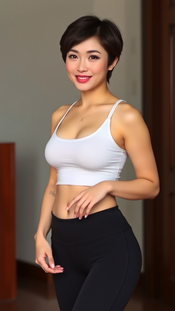 A beautiful Chinese woman, short hair, curvy figure, small chest, yoga pants.