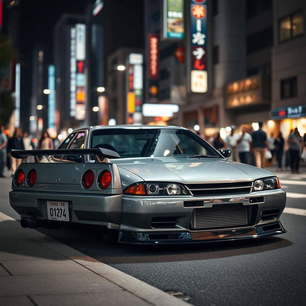 The car is parked on the side of the road, inspired by Taiyō Matsumoto, tumblr, restomod, nd4, c4 metallic shine gray black nissan skyline r34 crowded tokyo night background flawless details overall details.