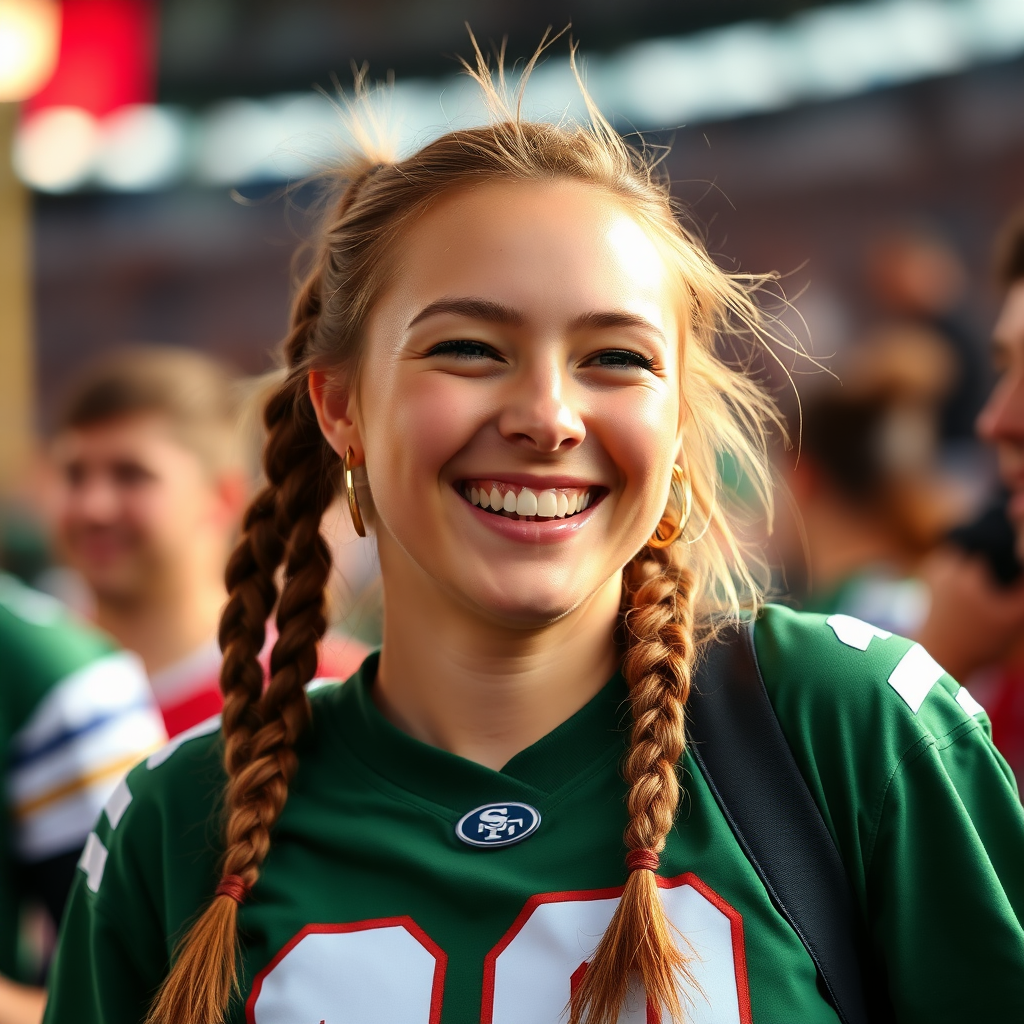 Attractive female NFL fan, pigtail hair, rejoicing