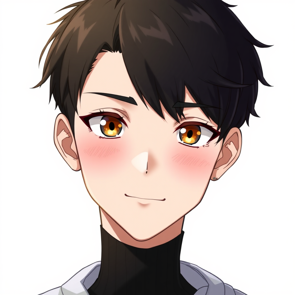 Anime detailed face, masterpiece, high quality, 1boy, boy haircut, crossdressing, Black thigh high socks, sneakers, male body, male bulge, flat chest, teenager boy, teenage, male body type, dark hair, short hair, boy hair cut, honey eyes, looking at viewer, shy, sexy, very short hair, happy, curvy boy, boy face, thin body, tight clothes, flat chest, crop top black