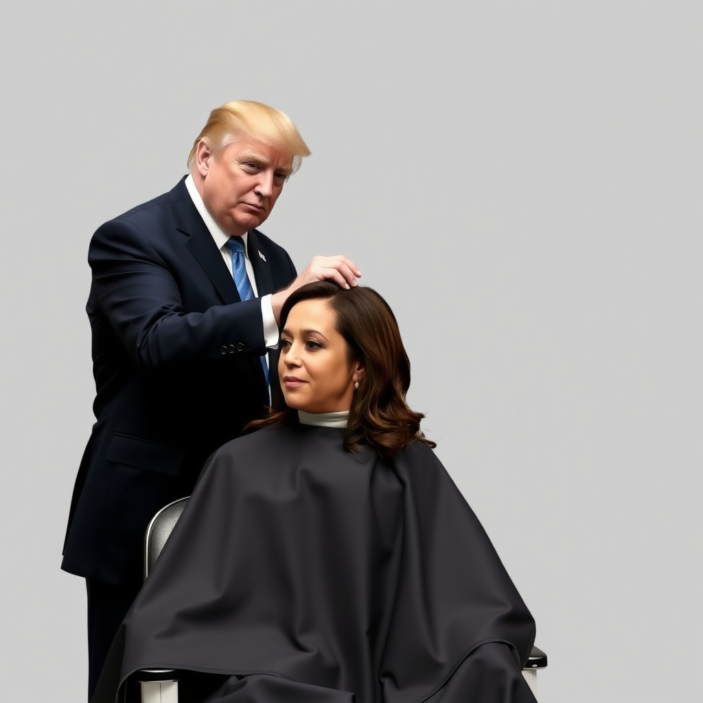 Kamala Harris sitting in a barbershop while Donald Trump cuts her long hair.  Plain gray background.