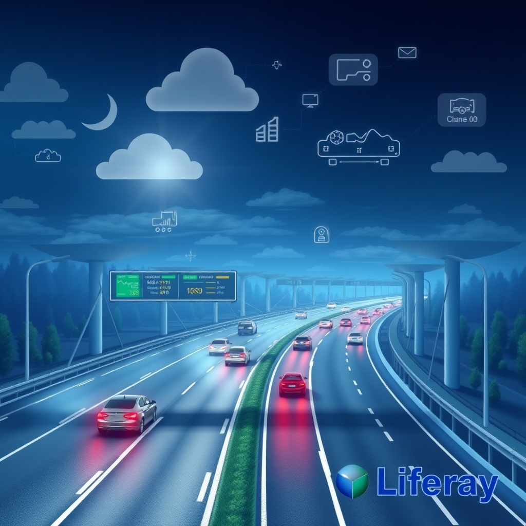 Create an image illustrating how Liferay supports Autostrade per l'Italia Spa in achieving success through its cloud offerings. The image should depict a modern highway infrastructure, with digital tools and cloud platforms seamlessly integrated into the environment. Show a connected ecosystem with smart signage, traffic management systems, and real-time data analytics, all powered by Liferay’s cloud services. The overall mood should convey innovation, efficiency, and digital transformation, with Liferay’s branding subtly integrated into the scene, symbolizing partnership and cutting-edge technology.