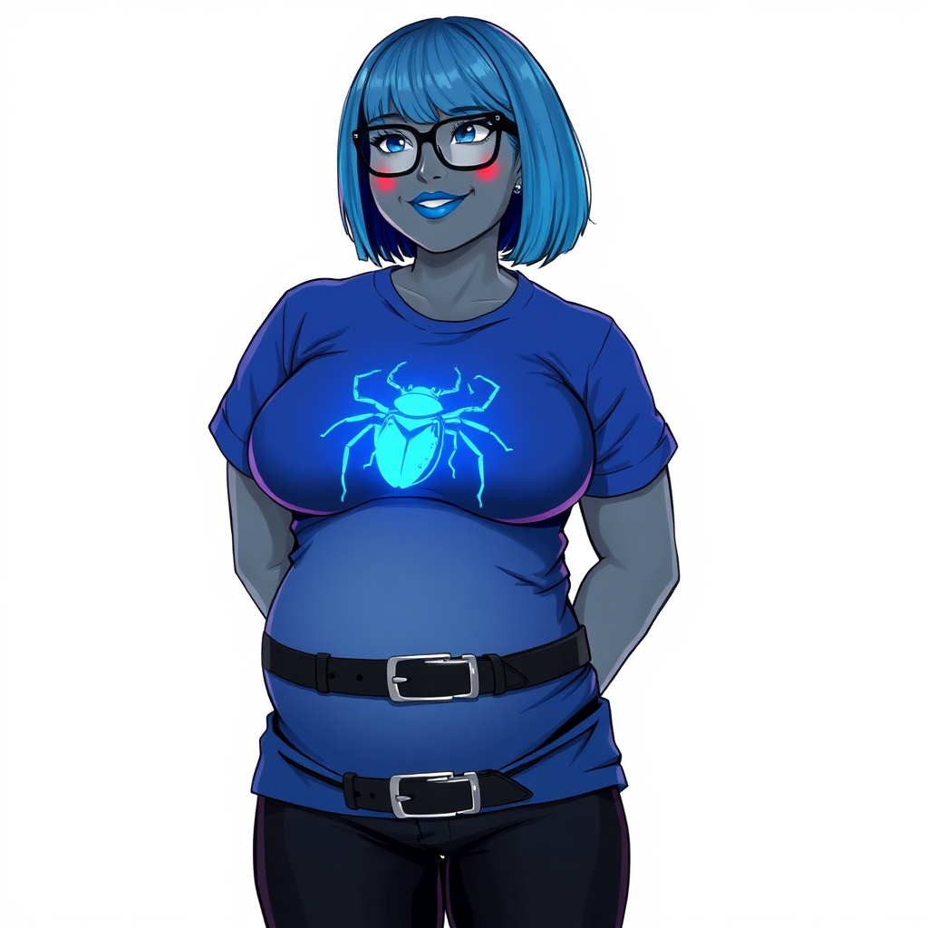 A 28-year-old, full-figured, metallic middle gray skinned computer program hybrid with a maximum blue bob cut. She has a non-athletic build, highlighted by a prominent, round, large midsection (with emphasis on her belly). As a digital sidekick, computer hacker, and nerdy girlfriend to her cyberpunk vigilante boyfriend, her middle gray metallic skin and maximum blue lipstick emphasize her digital nature. She wears a tight-fitting, maximum blue t-shirt (accentuating her large belly) with a neon blue glowing chest icon of a beetle, black pants, a black belt with a sapphire scarab buckle, and black gloves. Her bright blue eyes, black eyeglasses, and lovestruck smile with neon red blush accentuate her nerdiness. She stands bashfully with her hands behind her back, her t-shirt covering her midsection (especially her large belly) and emphasizing her full-figured, non-athletic physique. She is on a solid white background. She is drawn as if she was in a retro 2D cyberpunk fighting game. She is clearly non-athletic, with a focus on her full-figured physique. Ensure her t-shirt covers her midsection (especially her large belly).