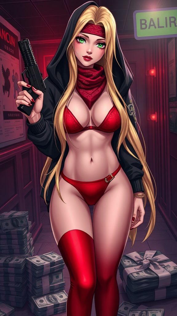 Anime, a sexy seductive and wicked long-blond hair, green-eyes with makeup eyelashes, wearing a black-dark swagger hoodie under a red-bikini and red-gstring thong, red-nails, holding glock-gun in left-hand, bags of cash on floor stolen, bandanna over mouth, standing up