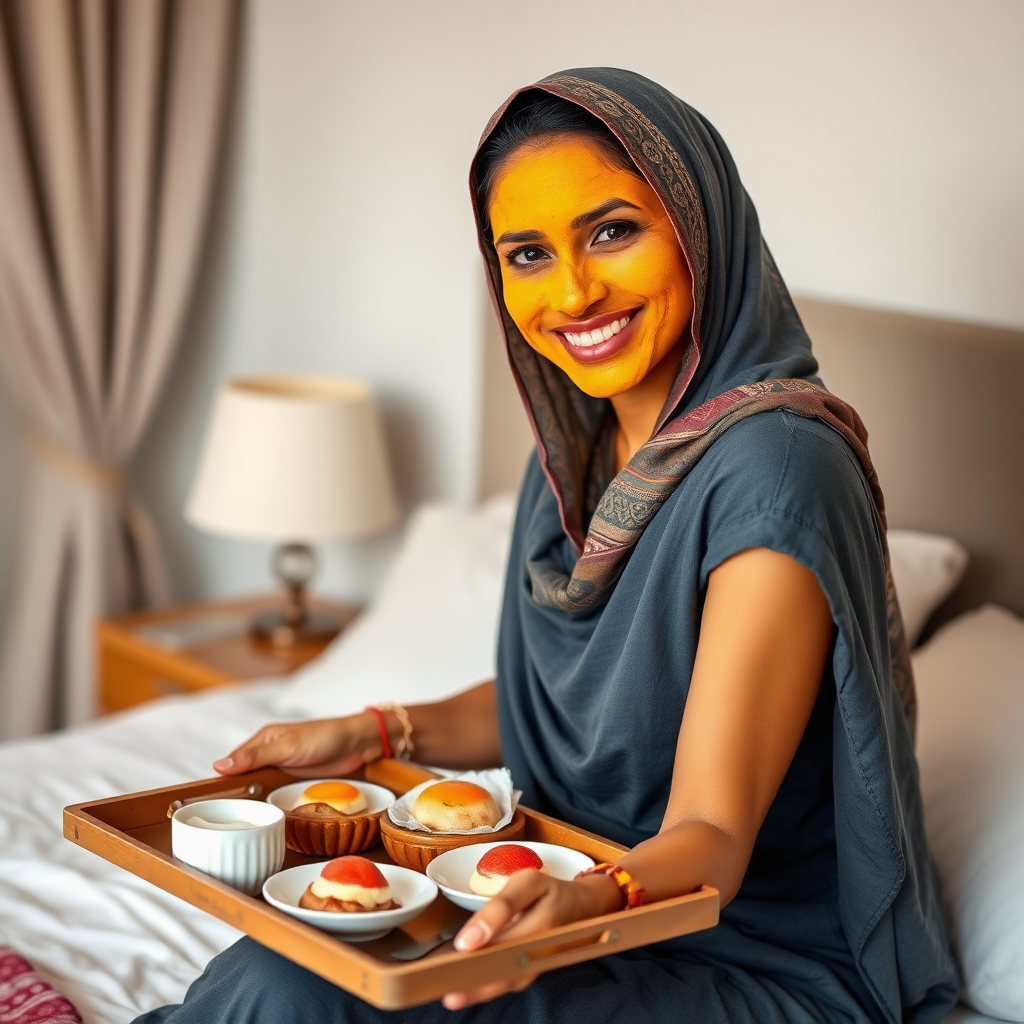 slim, 30 year old, sexy, indian wife, scarf head, turmeric face mask. She is smiling and serving breakfast on a tray on bedside table.