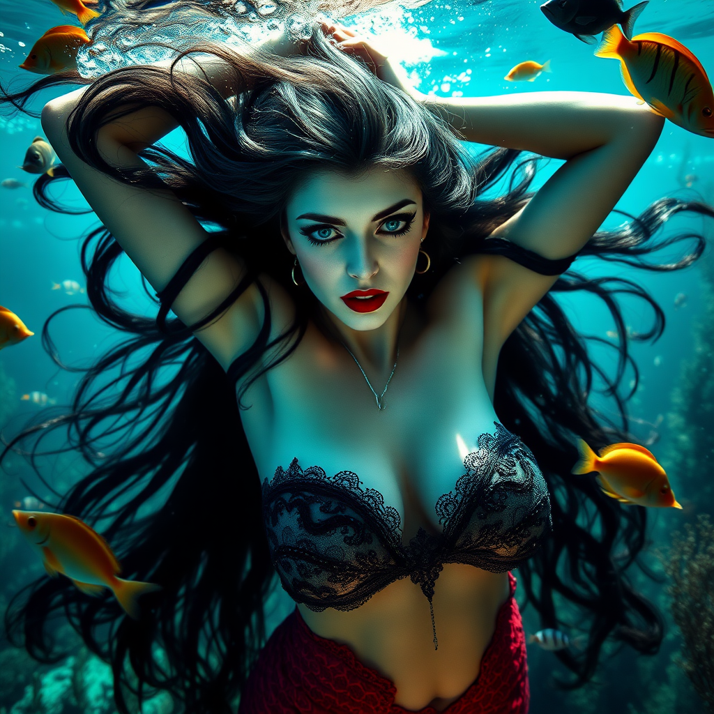 Vampirella as a mermaid underwater amazing loose flowing hair floating in a nimbus around her beautiful face her arms outstretched languidly over her head. she's looking down into the viewer's eyes making intense eye contact. modesty protected by fish. Burlesque. Stunning undersea life details plants and fish and other creatures of the sea. Amazing HD DSLR photographic output.