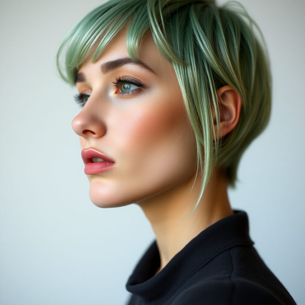 very tall beautiful model in profile, green eyes, very short pea green hair