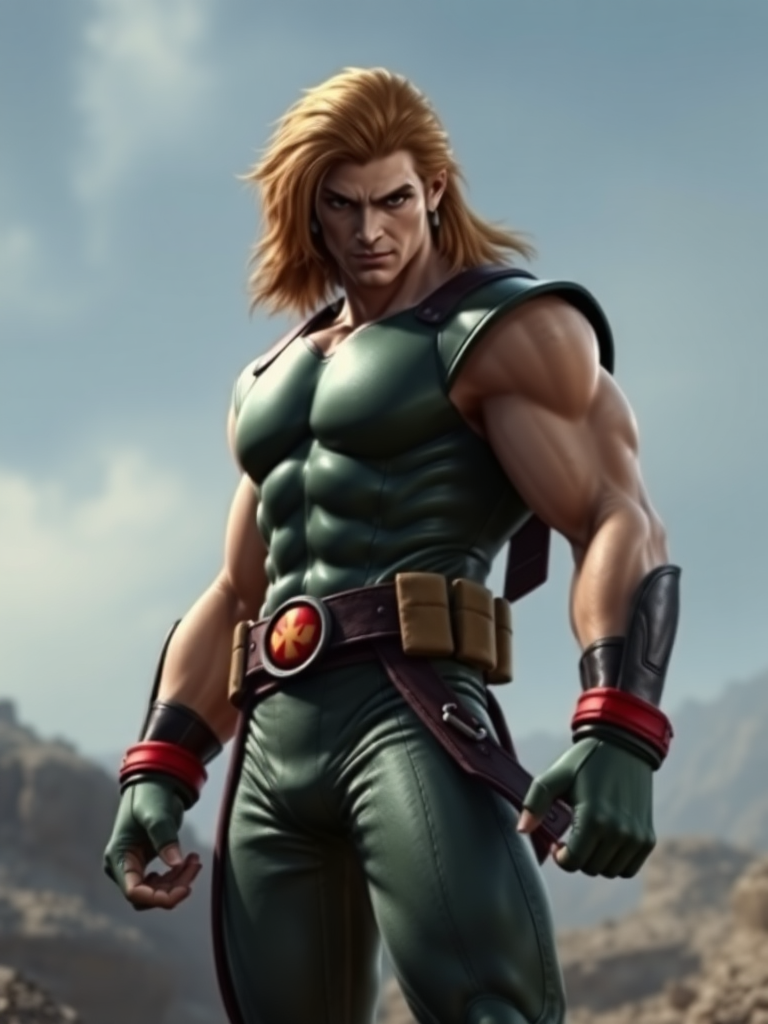 Create a hyper-realistic image of Marvel Comics character Rogue, but with the body type of Ken Masters from Street Fighter, ensuring that Rogue's head remains intact. Adjust the silhouette accordingly to blend both characters' features. Design a background setting that is suitable and visually appropriate for the characteristics and worlds of both Rogue and Ken Masters.