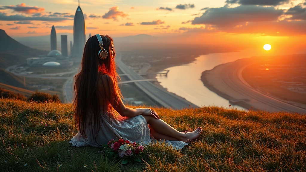 pretty azian woman long hair, pretty dress, sit on the grass with flowers, with headphone, alien planet, aliens buildings, with nice greenery flowers and rivers, beach, nice sunset, highways and streets, ultra realistic view high detail