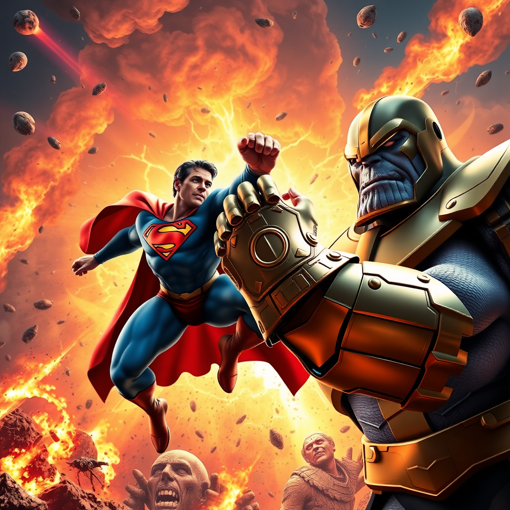 jumping out of an epic comic book cover and out of the screen is Superman Vs Thanos. Superman rips off the infinity gauntlet on Thanos's hand. Cinematic Real3d photo-realistic quality.