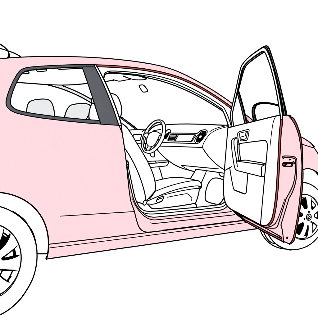 red vw polo II car, driver's door wide open, driving seat visible, long establishing shot, 2D, caricature, cartoon, Sketch lines, coloring book, coloring bathroom, well composed, clean coloring book page, No dither, no gradient, strong outline, No fill, No solids, vector illustration, realistic proportions, blueprint, left side view