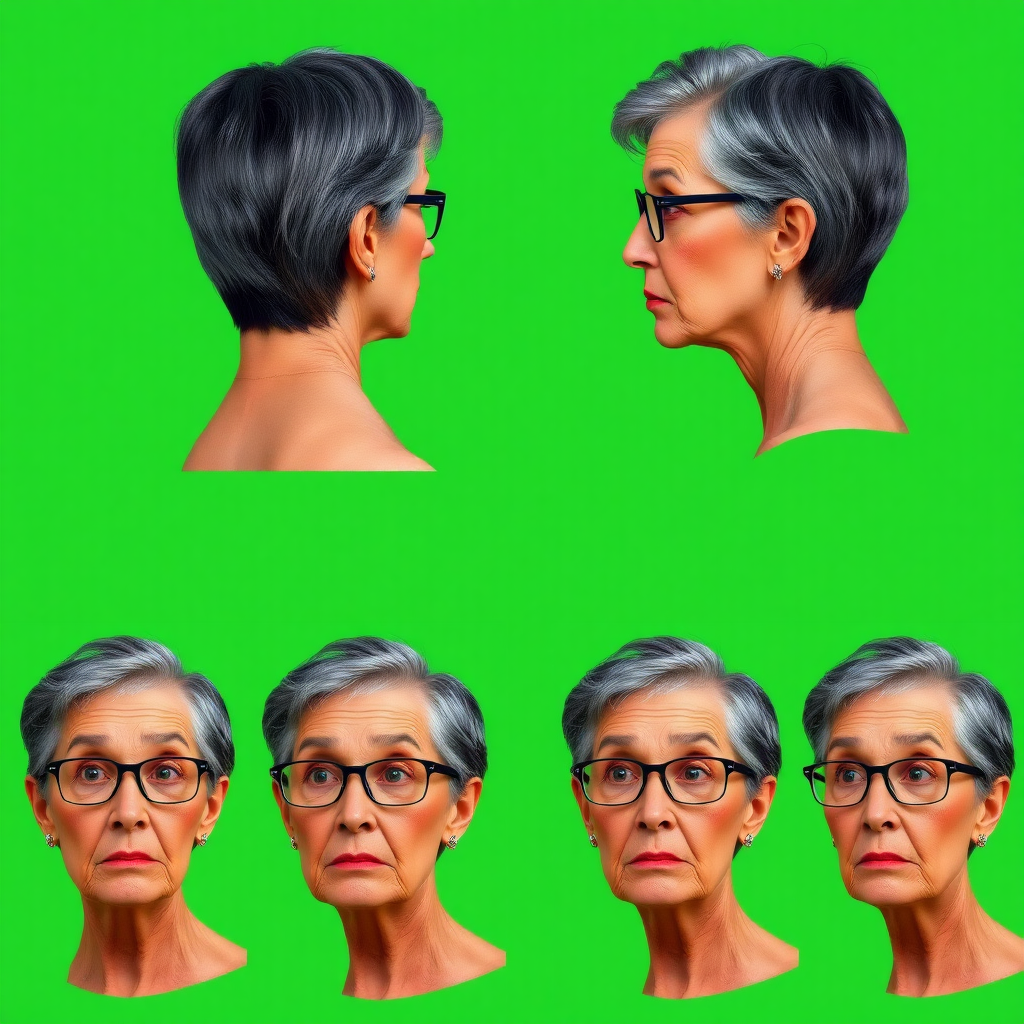 Photorealistic image of six headshots of a 55 Years old, European, Latina, sharp aquiline nose, wrinkles, high cheekbones, Middle Eastern, Skinny, Tanned skin, Dark light skin, full Makeup, jewelry, Sharp nose, frowning, astonished, shocked, dark grey Ash hair, short bowl haircut, Brown eye color, Glasses, with detailed features. Each photo displays the same face in back, profile and front view, cut out and isolated on a green background. All six heads are visible side by side, empty space around each view, no overlapping.