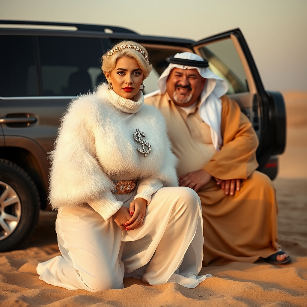 Kuwait desert dunes misty dawn, full size luxury SUV: Melissa, European 17 years old very convincing femboy “trophy-bimbo”, tamed servile docile, very beautiful feminine flawless face, rather short, by hormones very curvaceous womanly figured, platinum blond short tight curls, bold red lips, heavily made-up face, wearing Supertanya-style fluffy very fuzzy bright white angora turtleneck-poncho cropped ending under bust decorated with pearls and gemstones, striking oriental wide gold bridal protection belt, white fully transparent harem pants, full Oriental bridal jewelry with striking headpiece, full Oriental face-jewelry, striking diamond “$$$” letter brooch on left chest, pout frustrated, hands tied behind back, kneeling in sand in front of SUV, looking at camera. Focus on face and turtleneck-poncho. Sitting next embracing Melissa: older overweight mighty sheik laughing.