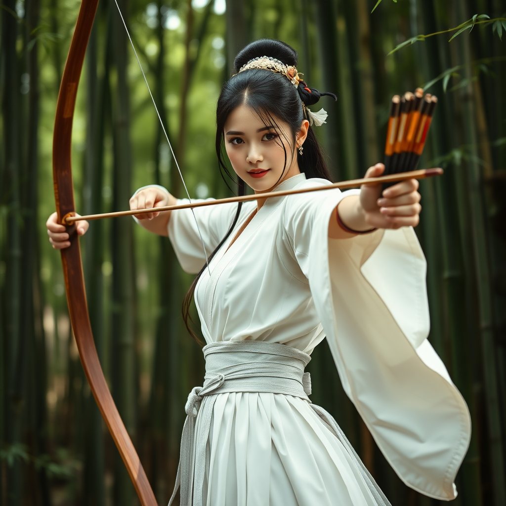 From a full-body perspective, a beautiful woman in the Tang Dynasty of China, a chivalrous man, dressed in white, pulled open her bow and arrow, and was in the bamboo forest. Movie poster, game cg.