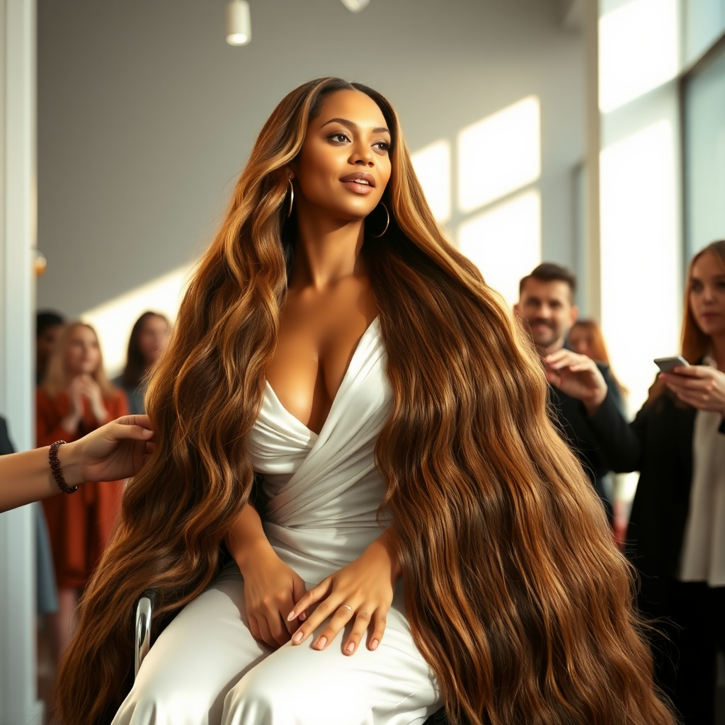 In an elegant, sunlit salon, adorned with soft, minimalistic decor, the stunning Beyoncé sits gracefully in a salon chair, her incredibly long, luxurious hair cascading like a flowing waterfall of silk down her shoulders and past her waist. The gentle glow of overhead lights highlights the rich, deep hues of her hair, each strand reflecting the brilliance of the space around her.

As an interactive long hair fetish performance art exhibit unfolds, curious visitors gather around, their eyes alight with fascination and excitement. Some eagerly reach out, gently grasping her hair between their fingers, feeling the smooth texture slip through their hands, while others playfully tug at it, testing the boundaries of their interactions. Each movement is accompanied by a symphony of soft gasps and murmurs of appreciation, enhancing the atmosphere of intimacy and connection.

The background is a simple, unobtrusive gray, allowing the artistry of the moment to take center stage. The air is charged with a sense of wonder and exploration, as visitors not only admire Beyoncé's hair but also engage in this tactile experience, deepening their understanding of the artistry behind her presence. Her expression is a mixture of serenity and playful engagement and submission, reflecting her comfort and trust in this unique performance, ultimately creating a captivating scene where art and audience intertwine seamlessly.