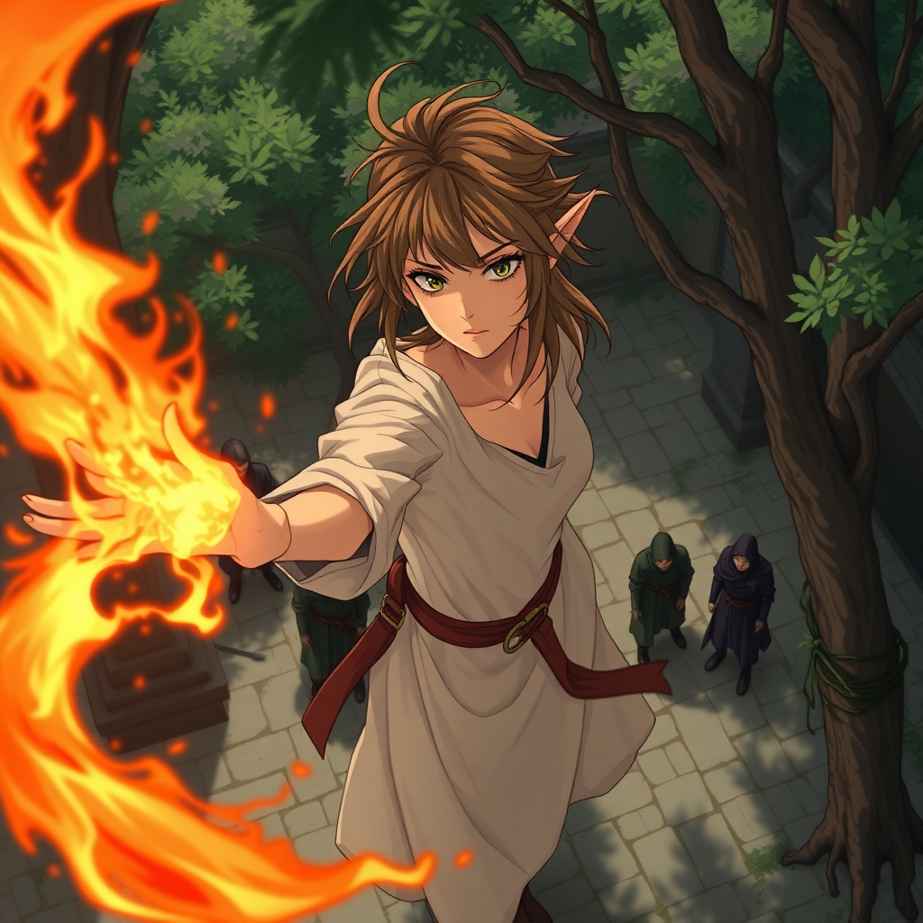 A full body shot from above, of a pretty twenty-something elven female with a face resembling Ana de Armas, casting a magic fire spell through trees toward a group of dark elves. Messy shoulder-length hair tussled by wind. Inside a courtyard. Anime style, like Record of Lodoss War.