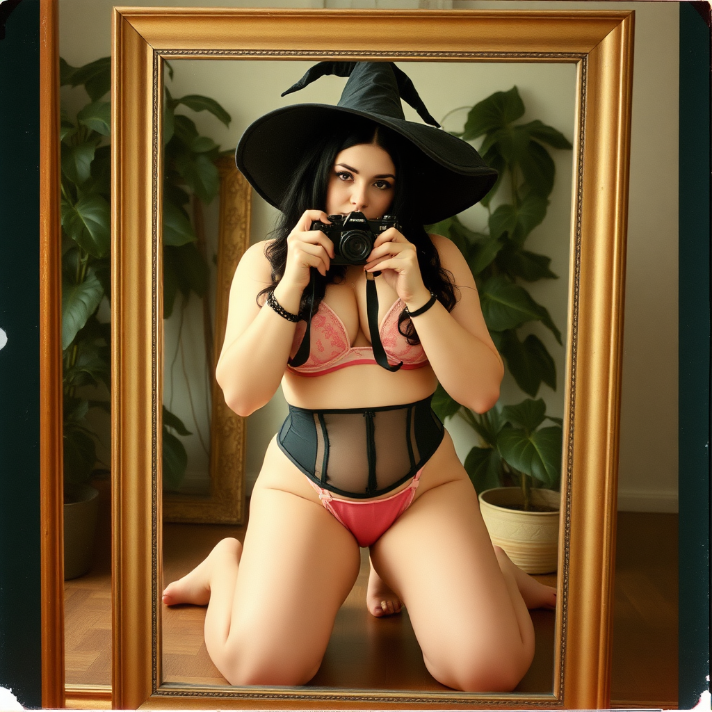 An old polaroid photo with a color tint to the photograph and visible light leaks. The photo depicts the reflection of a sexy alt goth girl with pale skin and black hair taking a self-portrait with an old film camera. She has a plump booty. Her mascara is running. She has large breasts with ample cleavage and she is wearing a skimpy g-string that leaves a gap between her pubic area and thigh. The fabric of her g-string is skimpy and pink and white and barely covers her and her bra is translucent and pink and white. She is in a photography studio with artistic lighting and plants are all around behind her. She is kneeling with her knees spread apart above a large mirror. Her underwear is damp. She is wearing a witch hat. She is also wearing a black underbust corset.