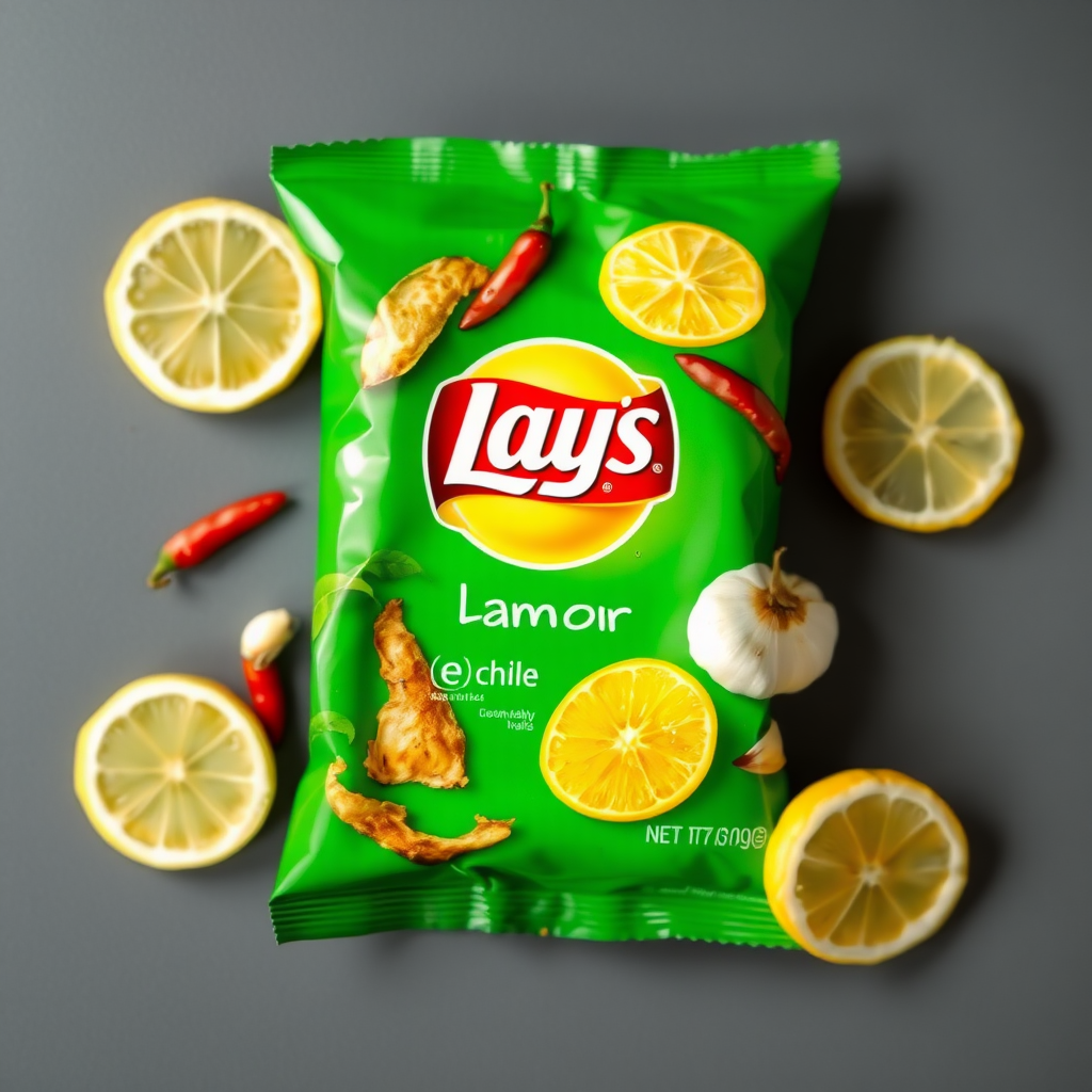 a lays packet of flavour chille lemon with green having dried chilles lemon garlic on the packet. logo in the middle  