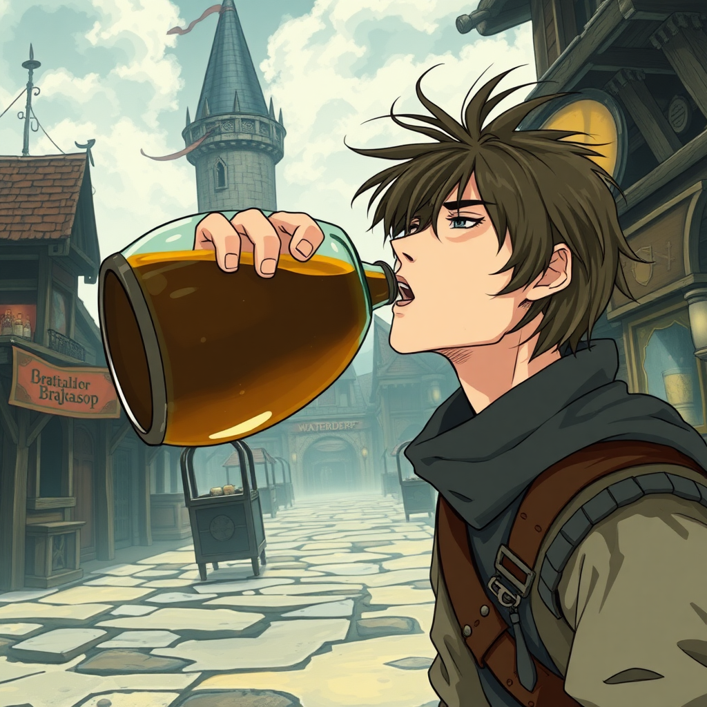 A wide distance shot of a fantasy warrior drinking a large potion from a round flask tipped fully above his face. Dungeons and Dragons port called Waterdeep. Mage tower in the background. Bar with an advertisement for a drink called "Brajkaisop." Messy shoulder length hair tussled by wind. Anime style, Record of Lodoss War.