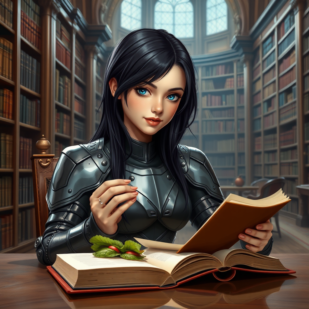 beautiful young woman, dark hair past her shoulders, blue eyes, small, slim figure, wearing full leather armor suit, sitting at table with sandwich, reading a book in a great library.