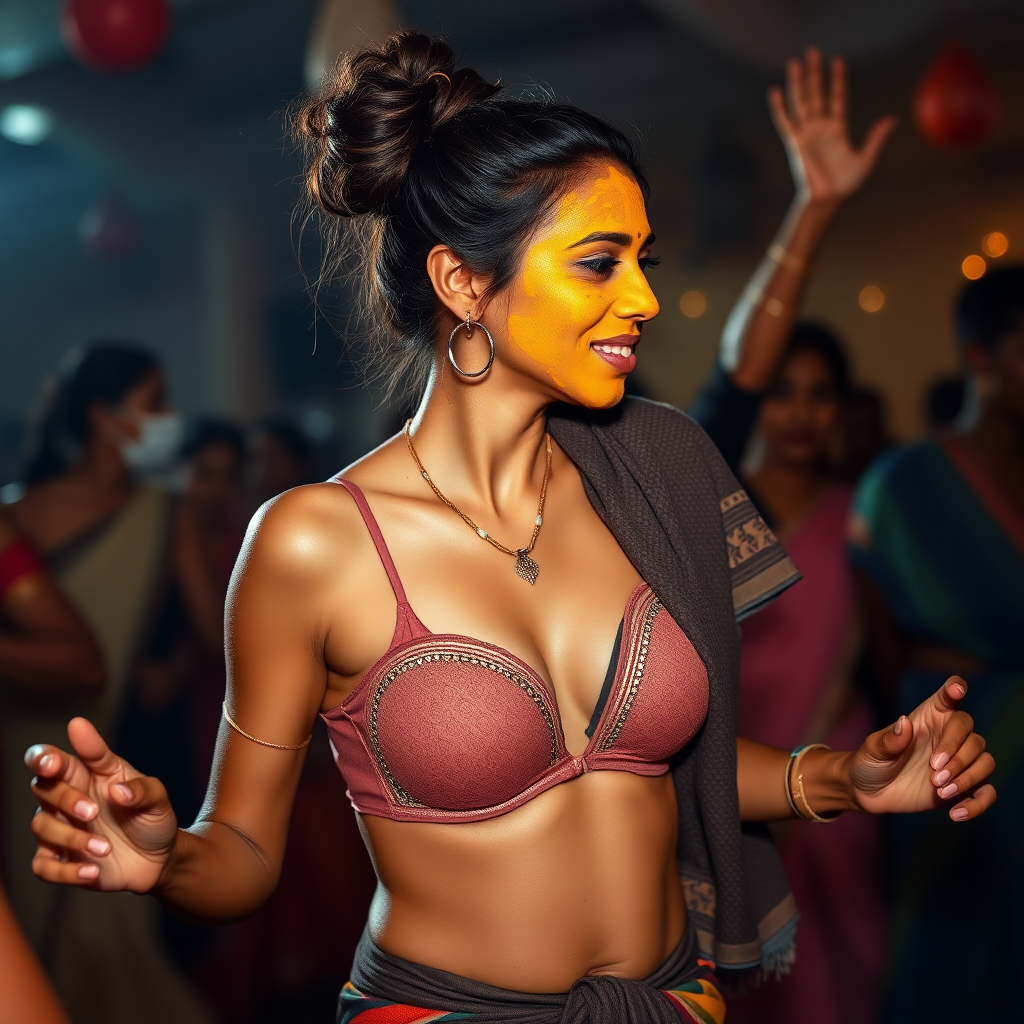 A skinny, 30 year old Indian wife with hair bun, wearing a bra, skirt and a short towel on her shoulder. Her face is covered with turmeric face mask. She is dancing in a party.