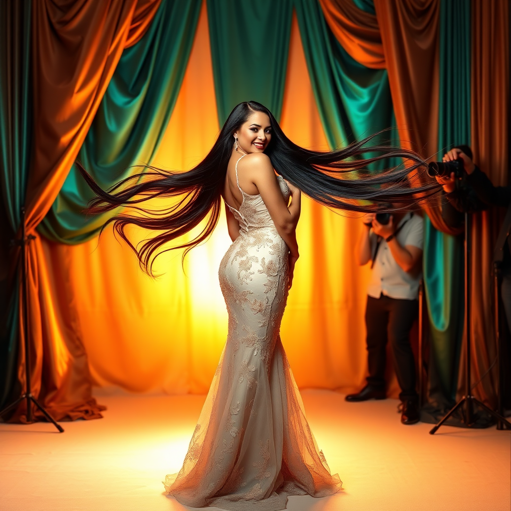 In a strikingly vibrant studio setting, the iconic Crystal Gayle, renowned for her mesmerizing long hair, poses elegantly against a backdrop adorned with shimmering silk drapes that cascade like waterfalls of rich emerald and sapphire. The soft, ambient lighting bathes her in a golden glow, accentuating the flowing, raven-black locks that cascade down her back like a silken curtain. Each strand, meticulously styled, catches the light, creating a mesmerizing halo effect around her.

Crystal's outfit is a stunning blend of vintage and contemporary fashion; she dons a floor-length gown made from delicate lace, intricately embroidered with floral patterns in soft pastels, hugging her figure while allowing her hair to steal the spotlight. As she playfully twirls, her hair sweeps through the air with an almost ethereal grace, creating an elegant dance of tendrils.

The atmosphere is charged with creativity, filled with a blend of anticipation and excitement as photographers adjust their lenses, capturing every moment of this glamorous shoot. The faint, sweet scent of floral perfume lingers in the air, mingling with the soft rustle of fabric as assistants bustle nearby, making final tweaks to ensure every detail is flawless. Crystal’s confident smile radiates warmth, inviting viewers to join her in celebrating the alluring charm of her signature style and the enchanting appeal of long hair.