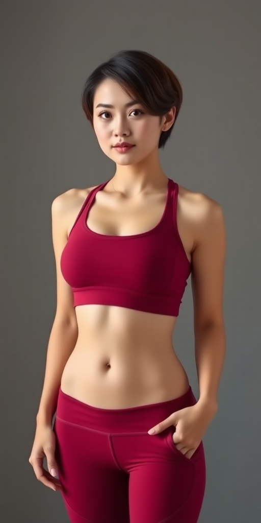 A beautiful Chinese woman, short hair, full figure, small chest, yoga pants.