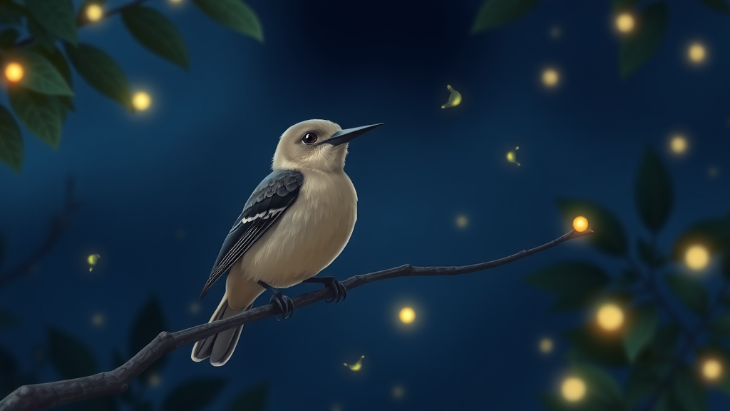 Mockingbird sitting on a branch at night and little fireflies around animation.