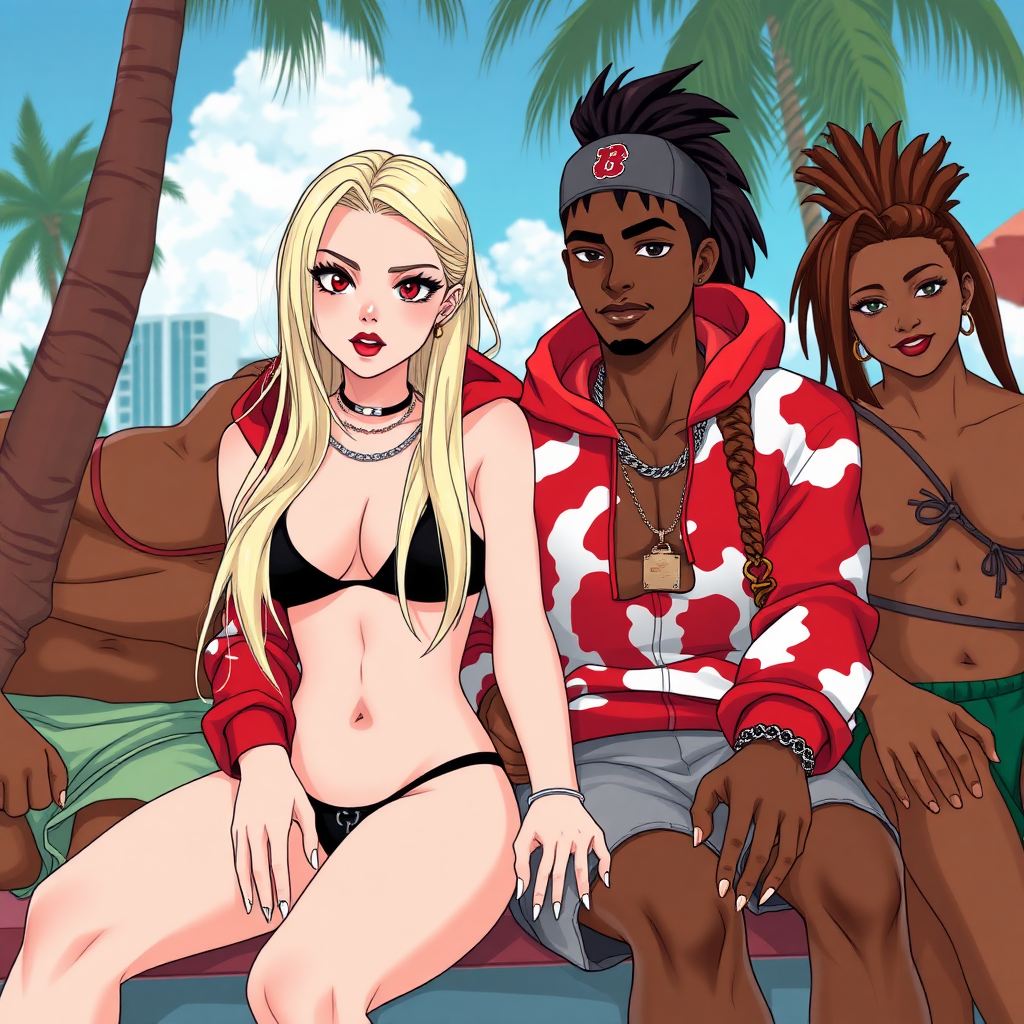 Anime of a 19-year-old thug ghetto woman, white, long blond hair, wearing nothing but a micro-black bikini and g-string thong under a red-white BAPE hoodie, red lips, white nails, down in Miami Beach, Florida near a city. She is sitting next to a dark-skinned male with dreadlocks on her right side, and to her left is a male Latino with brown fauxhawk hair and a sideways cap. There is also a Latina woman with a brown ponytail (Lucia).