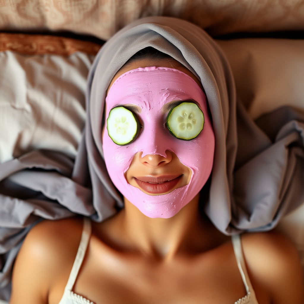 A skinny, traditional, 30 year old Indian wife with hijab, wearing a bra and skirt, lying on a bed. Her face is covered with a pink face mask, and her eyes are covered with cucumber slices. She looks satisfied from her facial expression.