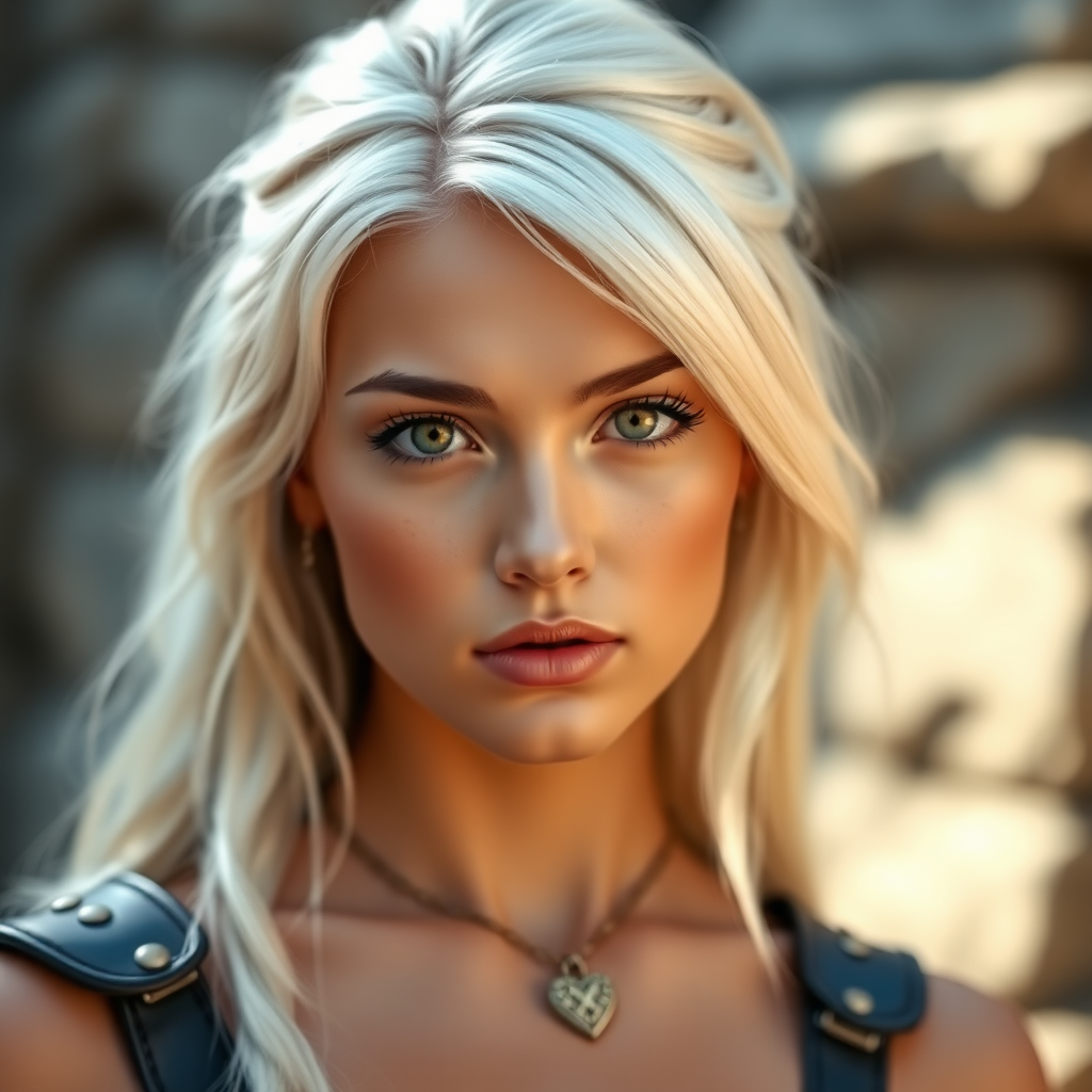 Portrait of a beautiful young platinum blonde woman with green eyes, a suntan, light brown eyebrows, and large breasts. She is wearing black leather armor and a gold necklace with a small heart pendant.