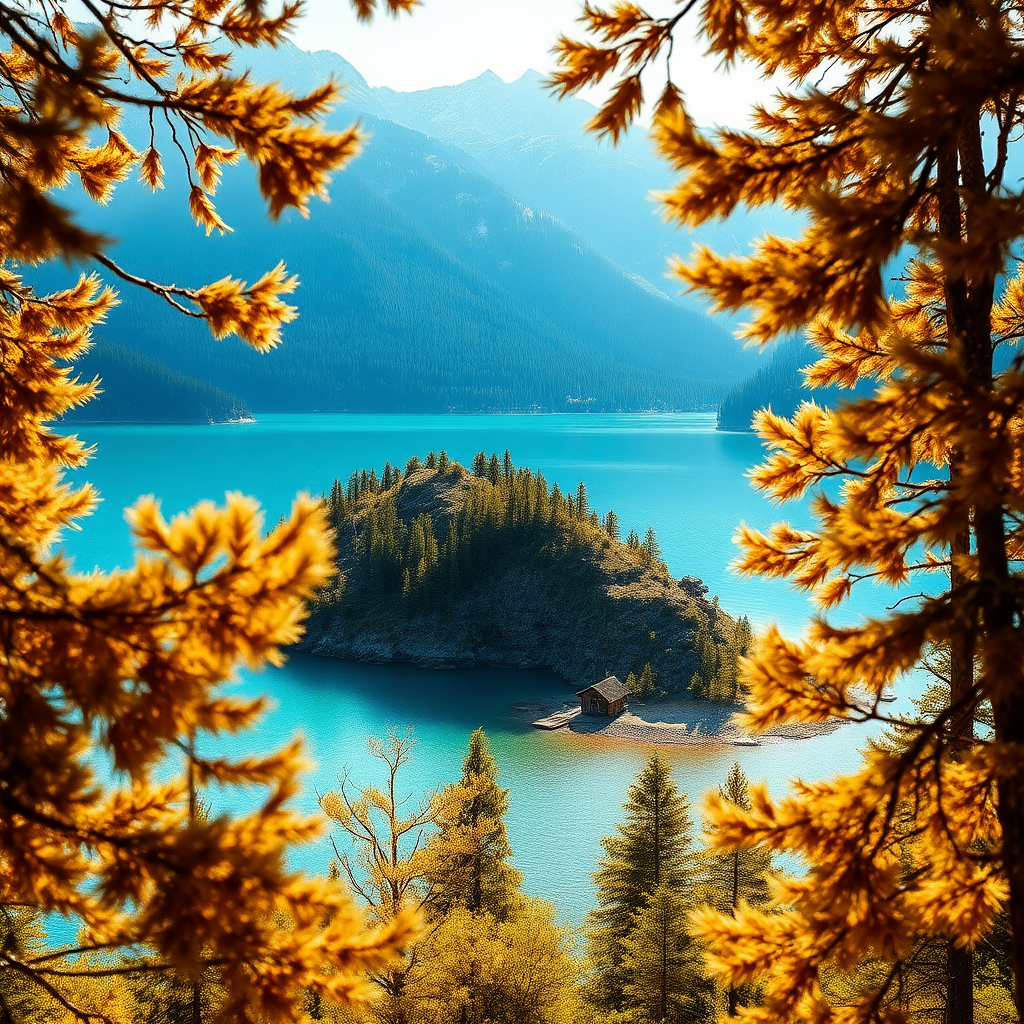 A serene mountain landscape featuring a tranquil lake with crystal-clear turquoise waters. The scene is framed by golden-brown coniferous trees, whose leaves shimmer softly in the dappled sunlight. Nestled in the foreground, a rocky island rises from the lake, covered with earthy tones, contrasting against the water's vibrant hue. In the background, majestic mountains loom, their peaks dusted with snow and their slopes adorned with dense, dark green forests. A quaint wooden structure is visible along the shoreline, hinting at human presence against the wild backdrop. The overall aesthetic is hyperrealistic, capturing intricate details of nature, with a palette of soft blues, earthy browns, and hints of golden sunlight piercing through the trees.