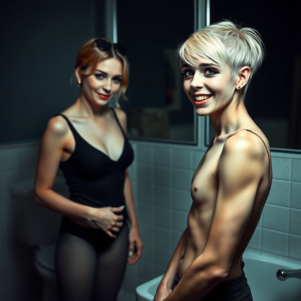 photorealistic, ultra high resolution, 16K, surreal fantasy, studio lighting, a 35 year old mother who is fully dressed for work is watching her pretty 14 year old goth son, slim male physique, short blonde hair, goth makeup, earrings, pantyhose, white ballet shoes, in the bathroom, excited smile, facing the camera.