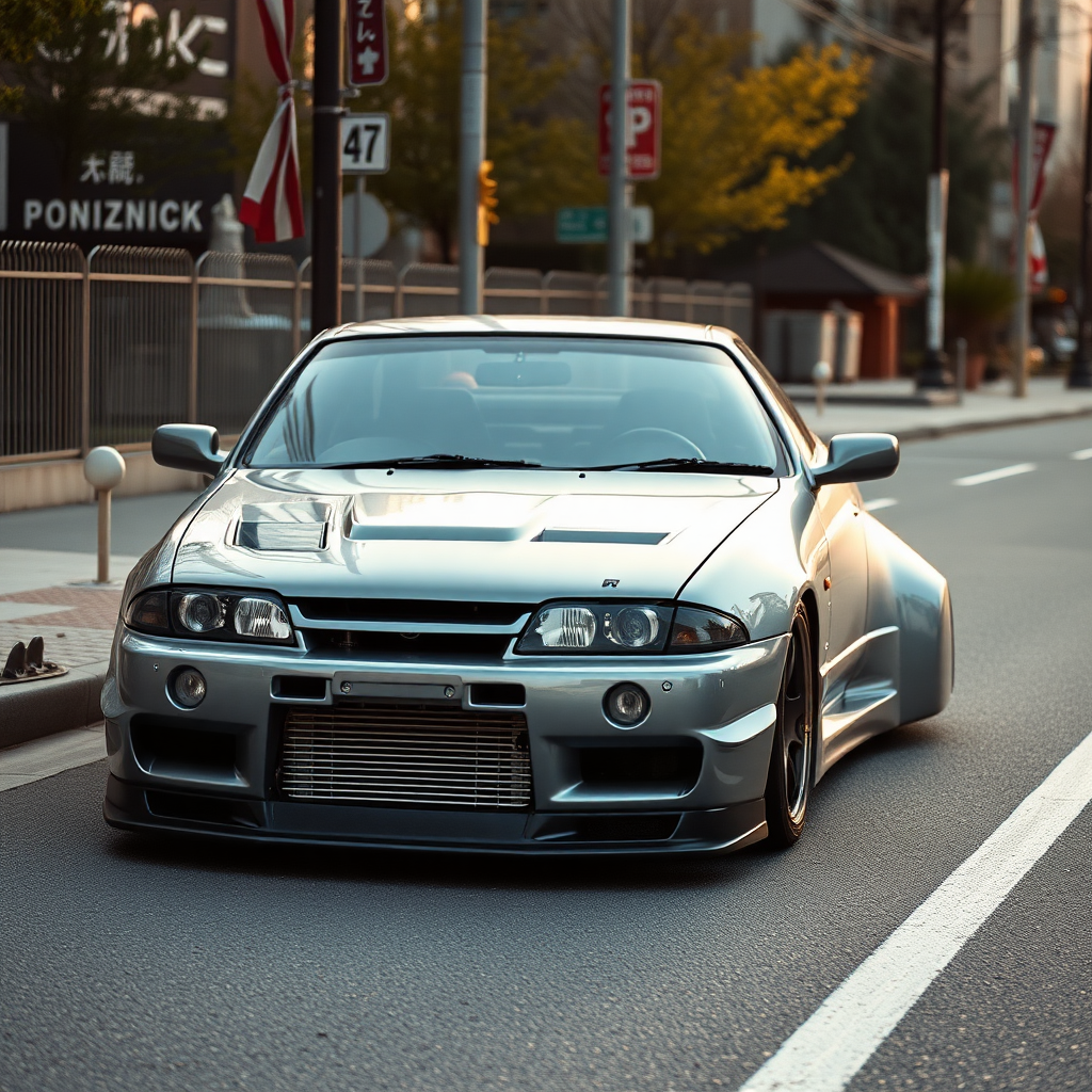 The car is parked on the side of the road, inspired by Taiyō Matsumoto, tumblr, restomod, nd4, c4 metallic shine gray black nissan skyline r34 kalabalik tokyo gece arkaplan