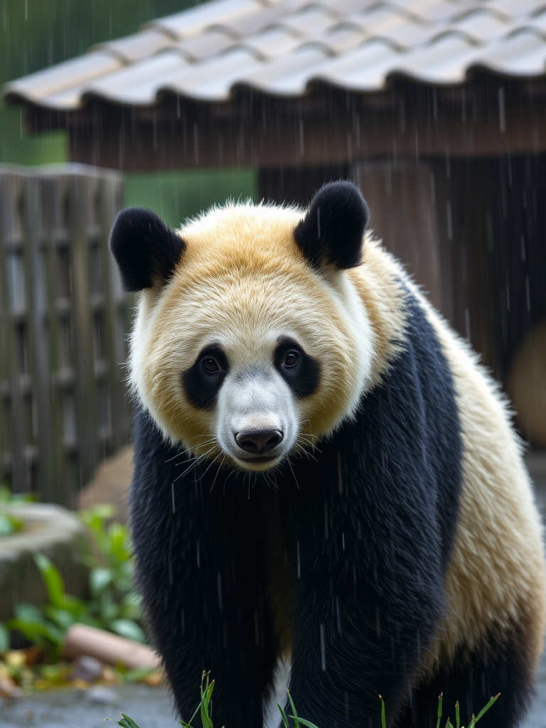 Panda bear standing in the rain