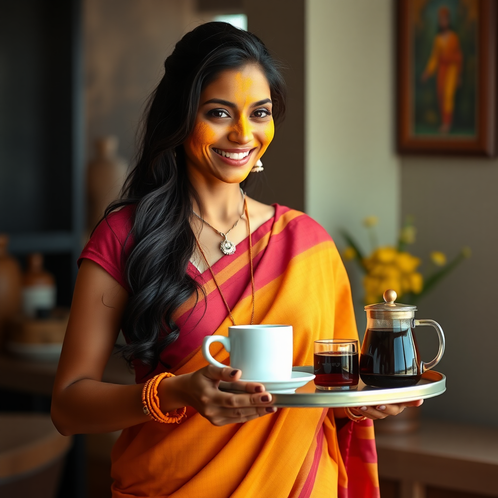 slim, 30 year old, sexy, indian wife, saree, turmeric face mask. She is smiling and serving coffee on a tray to guests.