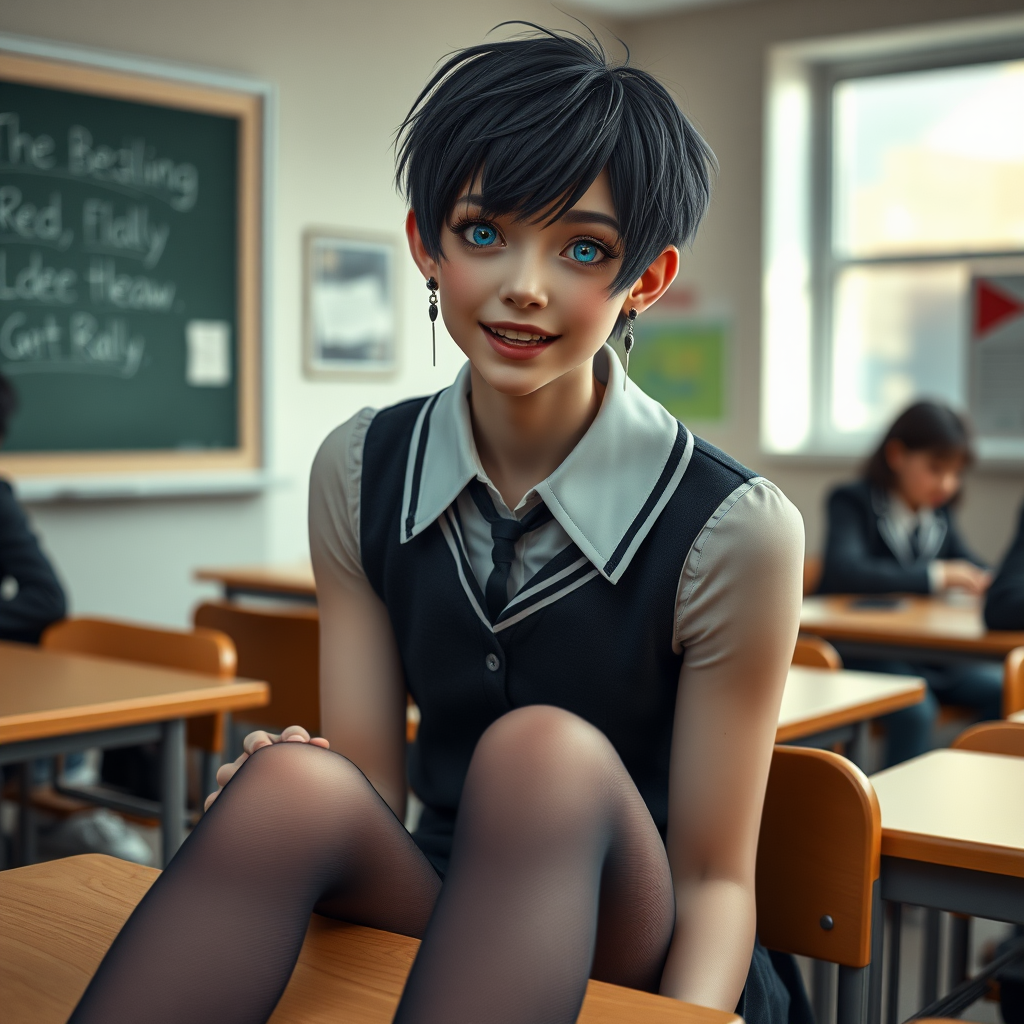 photorealistic, ultra high resolution, 16K, surreal fantasy, soft studio lighting, a pretty 16 year old goth male, slim male physique, short dark hair, blue eyes, goth makeup, earrings, sheer pantyhose, UK girls-school uniform, Mary-Jane shoes, sitting in the classroom, excited smile, facing the camera.