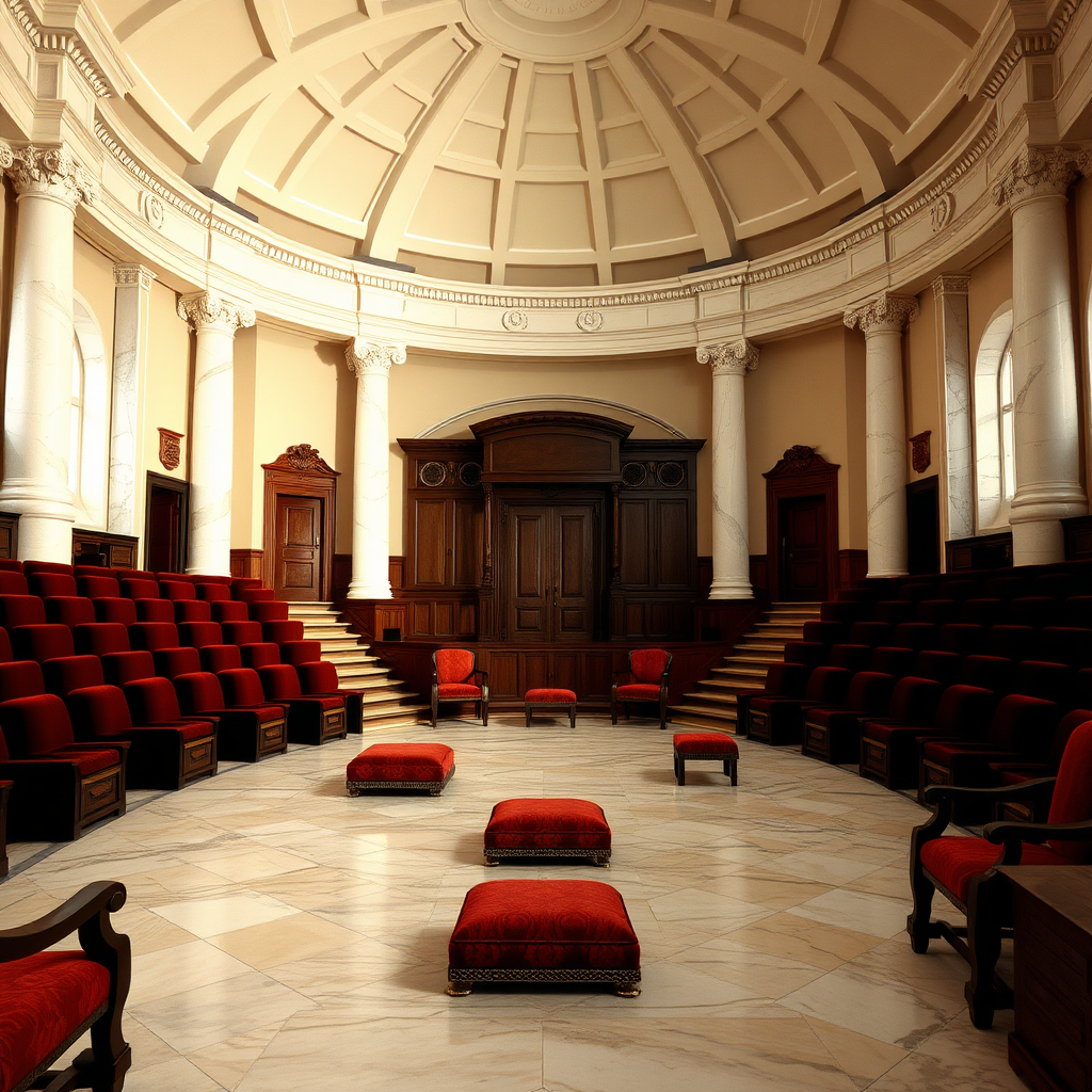 Beyond the foyer is the auction hall. Which is a cozy circular room, and has polished marble floors and white alabaster pillars supporting a vaulted ceiling. On both sides (west and east) are ascending rows of plush seating made from velvet and mahogany. With the main entrance at the south side and a small servants entrance at the north side of the room. The servants entrance is also where the slaves are brought in. In the middle of the room are 6 small platforms with cushions. Where female slaves can kneel down on to presenting themselves.