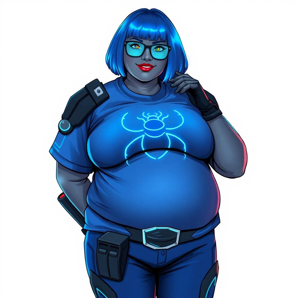 A 28-year-old, full-figured, metallic middle gray skinned computer program hybrid with a vibrant maximum blue bob cut. She has a non-athletic build, highlighted by a prominent, round, large midsection (fully emphasizing her round large belly) while being covered by her large t-shirt, reflecting her new junk food eating habits influenced by her boyfriend. As the full-figured, nerdy, digital sidekick to her cyberpunk vigilante boyfriend, her middle gray metallic skin and maximum blue lipstick underscore her digital essence. She dons a digital, computerized outfit: a large, tight-fitting, high-tech, maximum blue t-shirt with neon blue glowing beetle themed accents complete by a giant neon blue glowing beetle icon on the chest, hi-tech shoulder pads with neon blue accents, a black hi-tech belt with a digital neon blue glowing buckle, digital maximum blue pants with neon blue accents, and black hi-tech gloves with neon blue glowing accents. Her neon blue glowing eyes, black eyeglasses with neon blue glowing lenses equipped with a built-in HUD, and shy smile with neon red blush highlight her nerdiness. She stands bashfully with one hand behind her back and the other gently touching her cheek, her outfit covering all her bare skin and fully emphasizing her full-figured physique (especially her large belly). She is clearly non-athletic, with a heavy focus on her full-figured physique (with full emphasis on her large belly). Despite her build, she radiates beauty. Her slim face contrasts with her physique, accentuating her radiant beauty. She is set against a solid white background. She is drawn as if she were in a retro 2D cyberpunk fighting game.