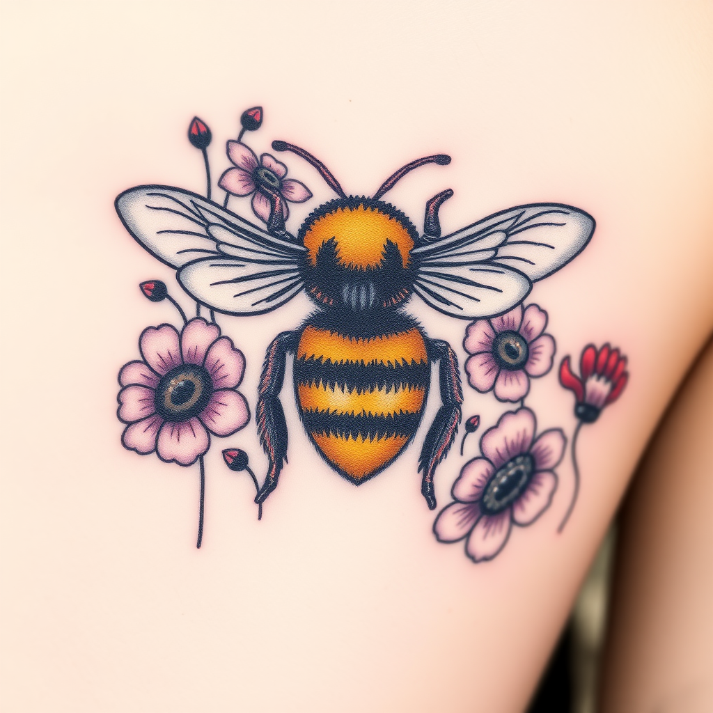 A tattoo design of a bumble bee with wild flowers around it.