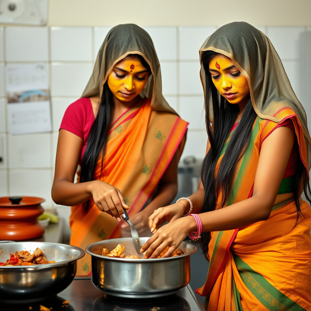 2 slim, 30 year old, indian maids with long hair coverings. Saree pallu tucked to waist. They are cooking food in kitchen. Their face is covered with turmeric face mask.