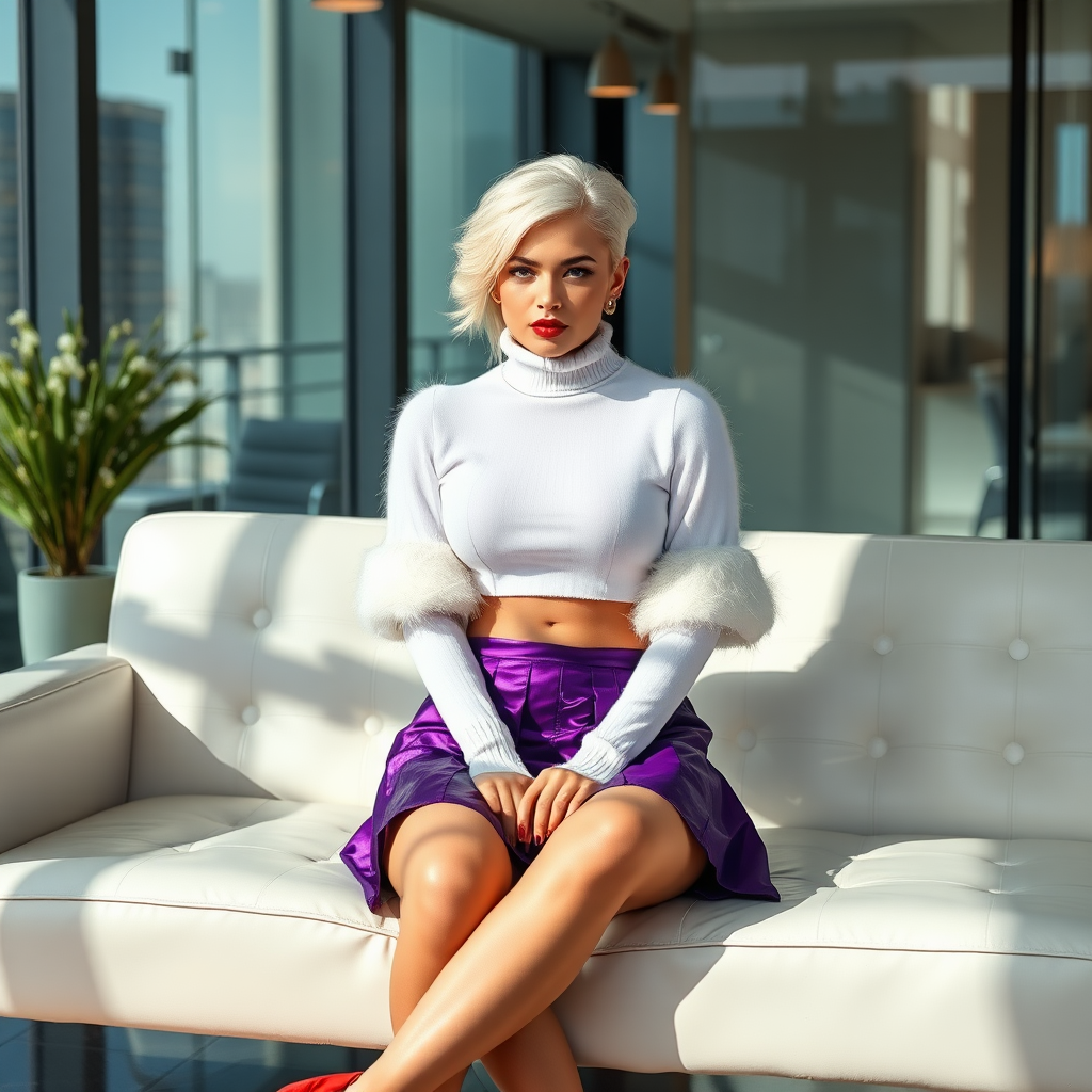 Sunny spring morning, modern glass-steel-concrete CEO office, sitting on white leather sofa: Nina, 17 years old very convincing femboy, tamed servile docile, very beautiful feminine flawless face, rather short, by hormones very curvaceous womanly figured, platinum blond short tight curls, bold red lips, heavily made-up face, wearing Supertanya-style fluffy very fuzzy bright white angora turtleneck-poncho cropped ending under bust, purple vinyl pleated mini-skirt, bright red pumps with golden very high heels, white pearl belly piercing, gold earrings, hands tied behind back, pout frustrated, looking at camera. Focus on face turtleneck-poncho skirt.