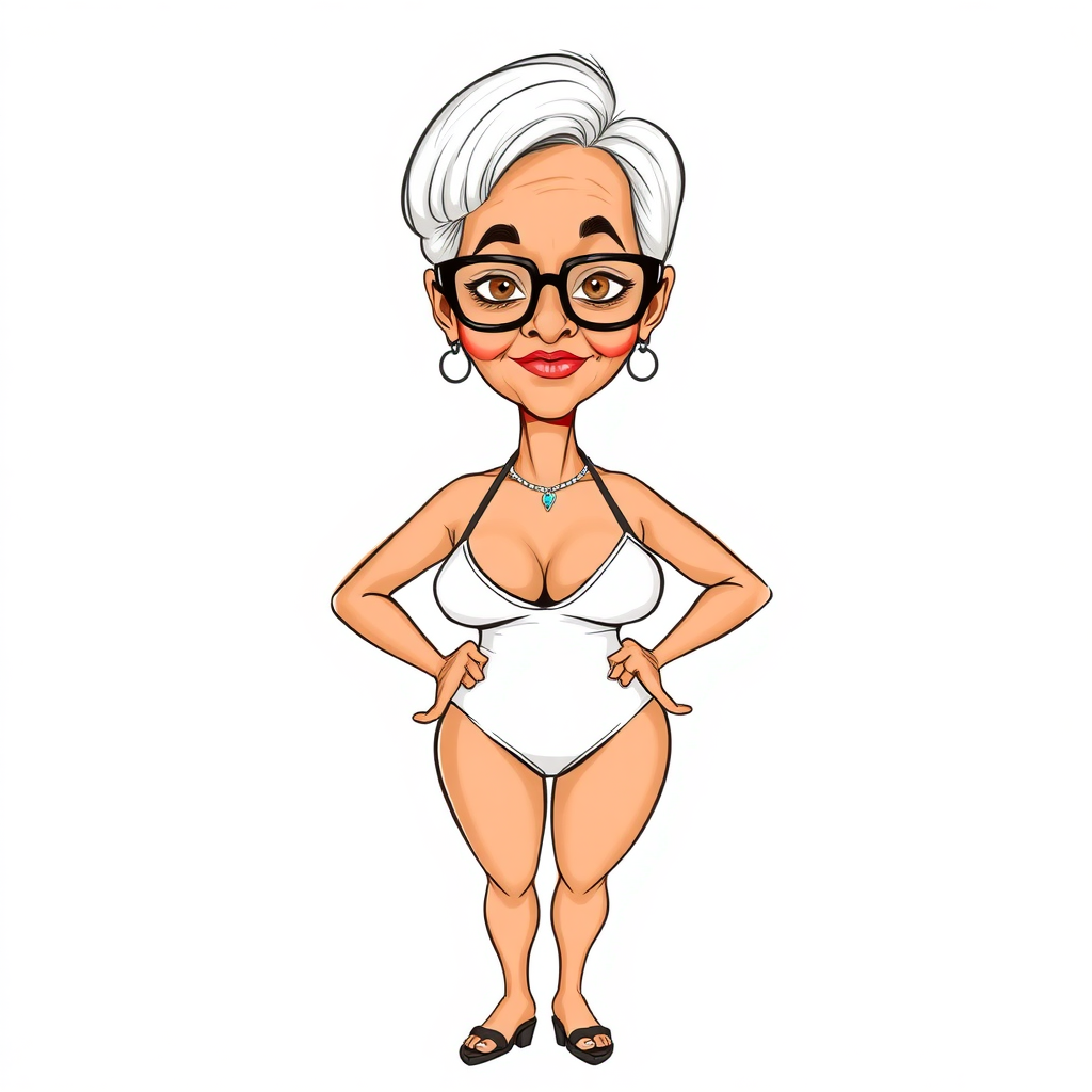 a towering 55 Years old, fit, slim, European, Latina, sharp aquiline nose, wrinkles, high cheekbones, Middle Eastern, Skinny, Tanned skin, Dark light skin, Rounded Medium breasts, Skinny thighs, full Makeup, jewelry, Serious face, Sharp nose, Ash hair, short bowl haircut, Brown eye color, Glasses, with detailed features. Hands on hips, she is wearing black balconette bras and a white open bust high cut one piece swimsuit, detailed fabric. full body, high heels sandals, she is gesturing at the viewer, long establishing shot, 2D, caricature, cartoon, Sketch lines, coloring book, nlack and white, coloring book style on white background, well composed, clean coloring book page, No dither, no gradient, strong outline, No fill, No solids, vector illustration, realistic proportions