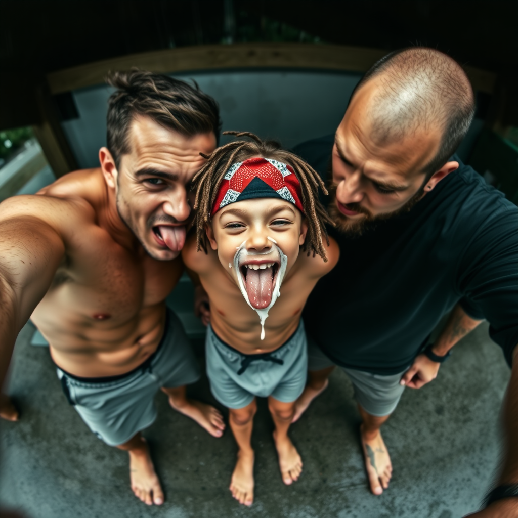 aerial selfie, selfie stick, confident athletic little barefoot boy with adorable hair and freckles tongue kissing his dads, the boy is splattered with runny clear white mucous covering his face and drooling from his little mouth and dreadlocks and toes, he has braces, wearing a bandana and shirtless and in tiny little fitted trunks, his dad looks like his mind is blown by his little son, dads have hairy legs and barefoot, dark rainy rest stop picnic shelter