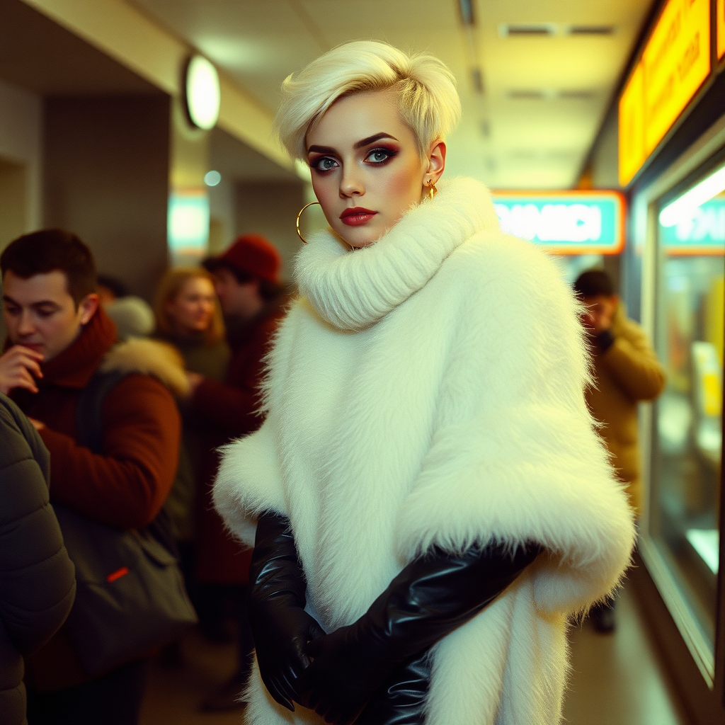 1990 winter evening, crowded cinema lobby: Sam, 19 years old beautiful involuntary femboy, rebellious intractable character, petite boyish figure, platinum blond boyish rebel punk hairstyle, flawless heavily made-up face with sharp arched tattooed eyebrows, wearing Supertanya-style fluffy very fuzzy bright white angora long turtleneck-poncho fully covering body and arms, black leather high-heeled thigh-high boots, gold earrings, puzzled alarmed, pout serious, impatiently waiting for her master. Focus on Sam’s face and turtleneck-poncho.