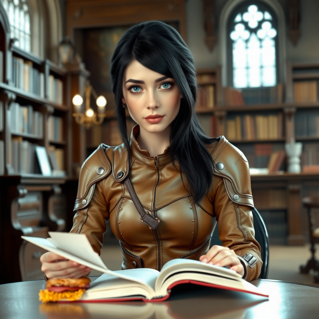 beautiful young woman, dark hair past her shoulders, blue eyes, small, slim figure, wearing full, light-brown leather armor suit, sitting at a table reading a book with a sandwich, in a grand old library.