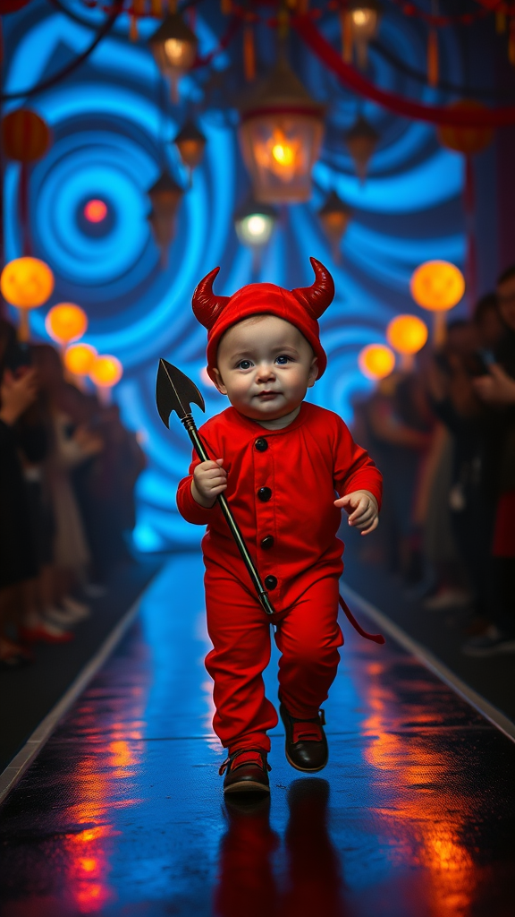 Create an eerie yet captivating scene featuring a small, 7 month old chubby baby-like devil with pink lips, pink cheeks, and fair color walking confidently down a dark runway, surrounded by spectators. The devil wears a red costume romper with a cap that has red horns, holding a sharp stick.

The background features swirling, abstract light patterns in blue, orange, and yellow hues, creating a surreal and unsettling atmosphere. The audience, dimly lit on either side, holds up their phones and cameras to capture the moment, but their faces are mostly obscured in the shadow, adding to the mysterious mood. Overhead, several more colorful lights and hanging decorations give a circus-like vibe, but the overall tone is more eerie than playful. The ground is wet, reflecting the lights above, creating a sense of depth and texture, adding to the haunting atmosphere.