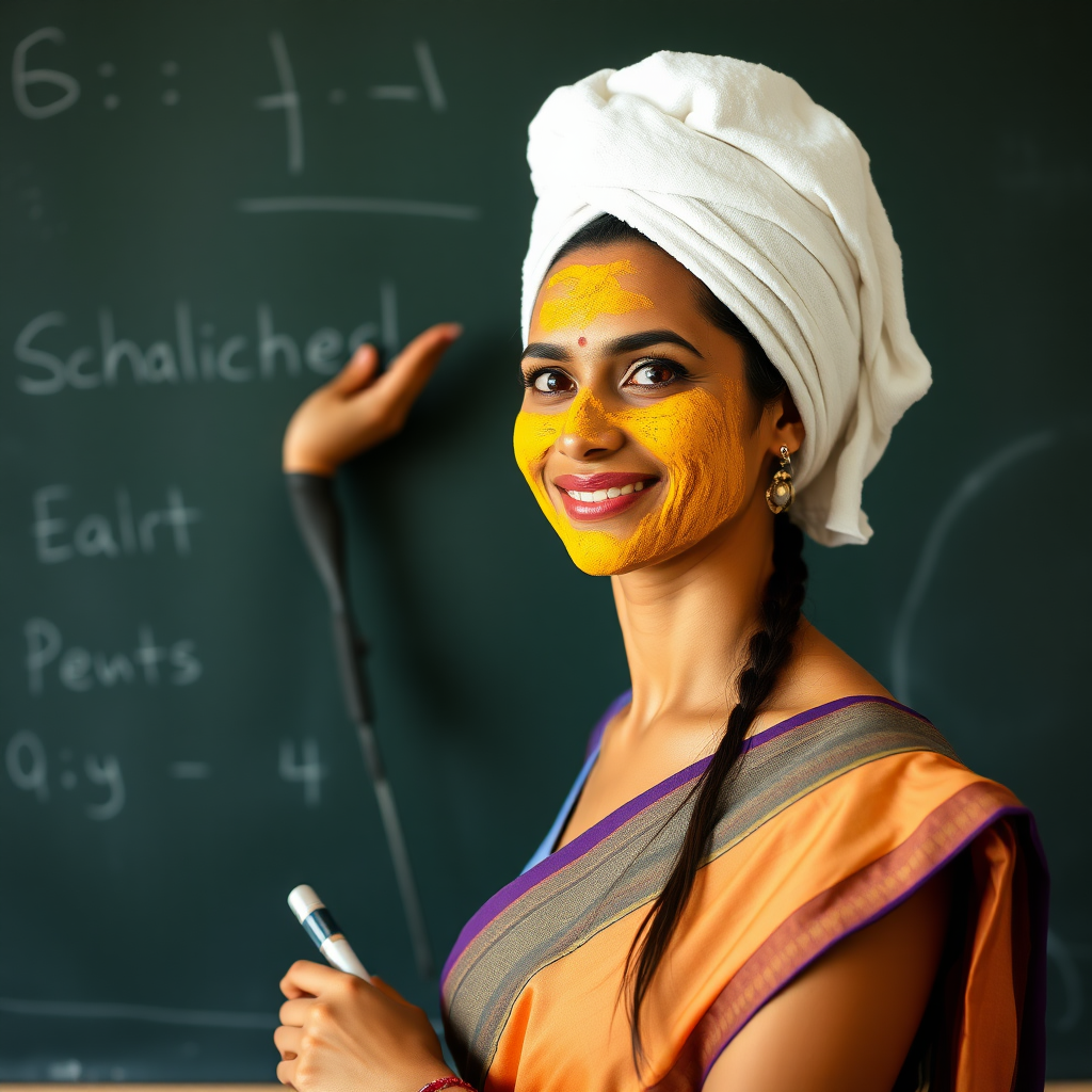 slim, 30 year old, sexy, indian female school teacher, saree, towel head, turmeric face mask. She is smiling and teaching on a blackboard