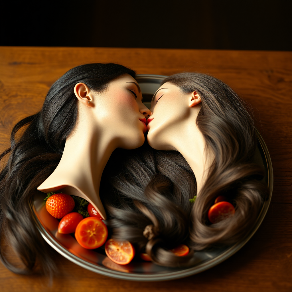 Surreal image of the disembodied heads of very long haired Meghan Markle and very long haired Kate Middleton served on a platter. They are kissing each other.